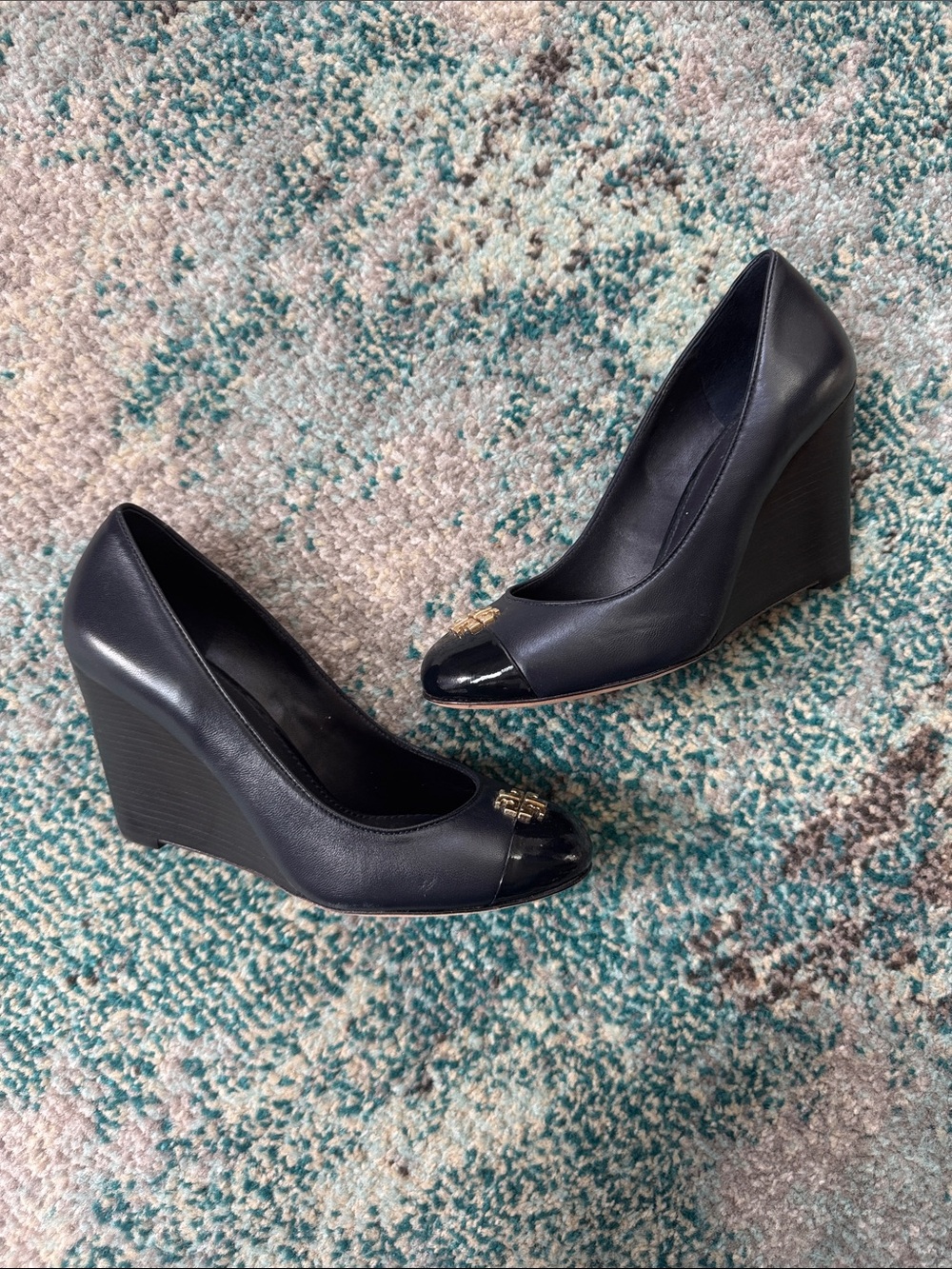 Tory Burch Navy Blue Leather Wedge Pumps with Gold Logo Cap Toe